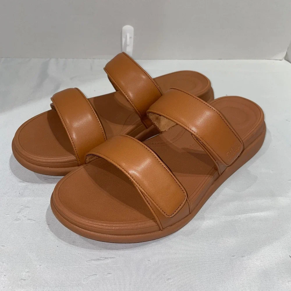 FitFlop F-Mode Go Adjustable Flatform Two-Bar Slides Deep Tan IW2-C15 Womens 10